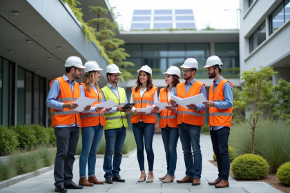 Groupe d'architectes et d'ingénieurs devant un bâtiment écologique