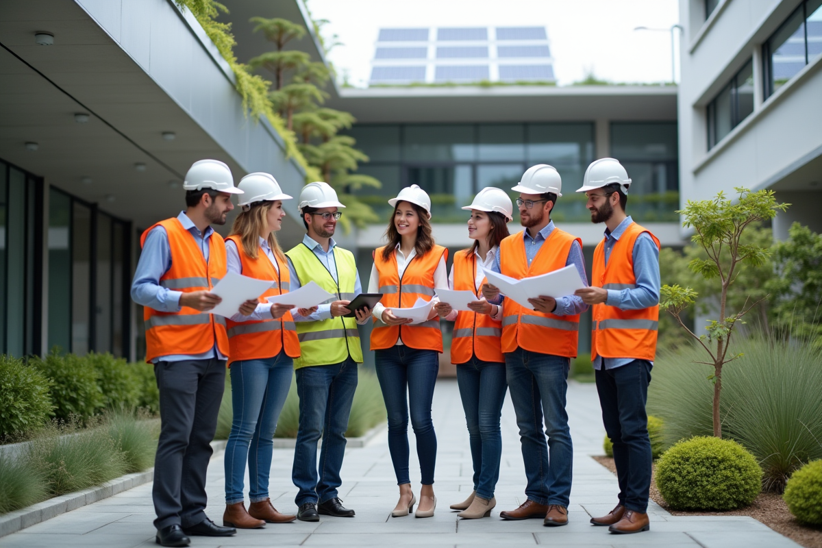 Groupe d'architectes et d'ingénieurs devant un bâtiment écologique