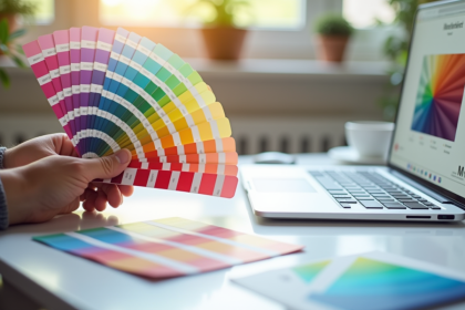 Espace de travail créatif avec fan de couleurs Pantone