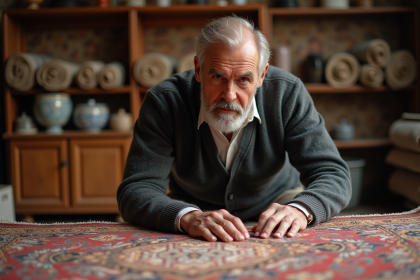 Expert en tapis anciens examinant un tapis oriental traditionnel