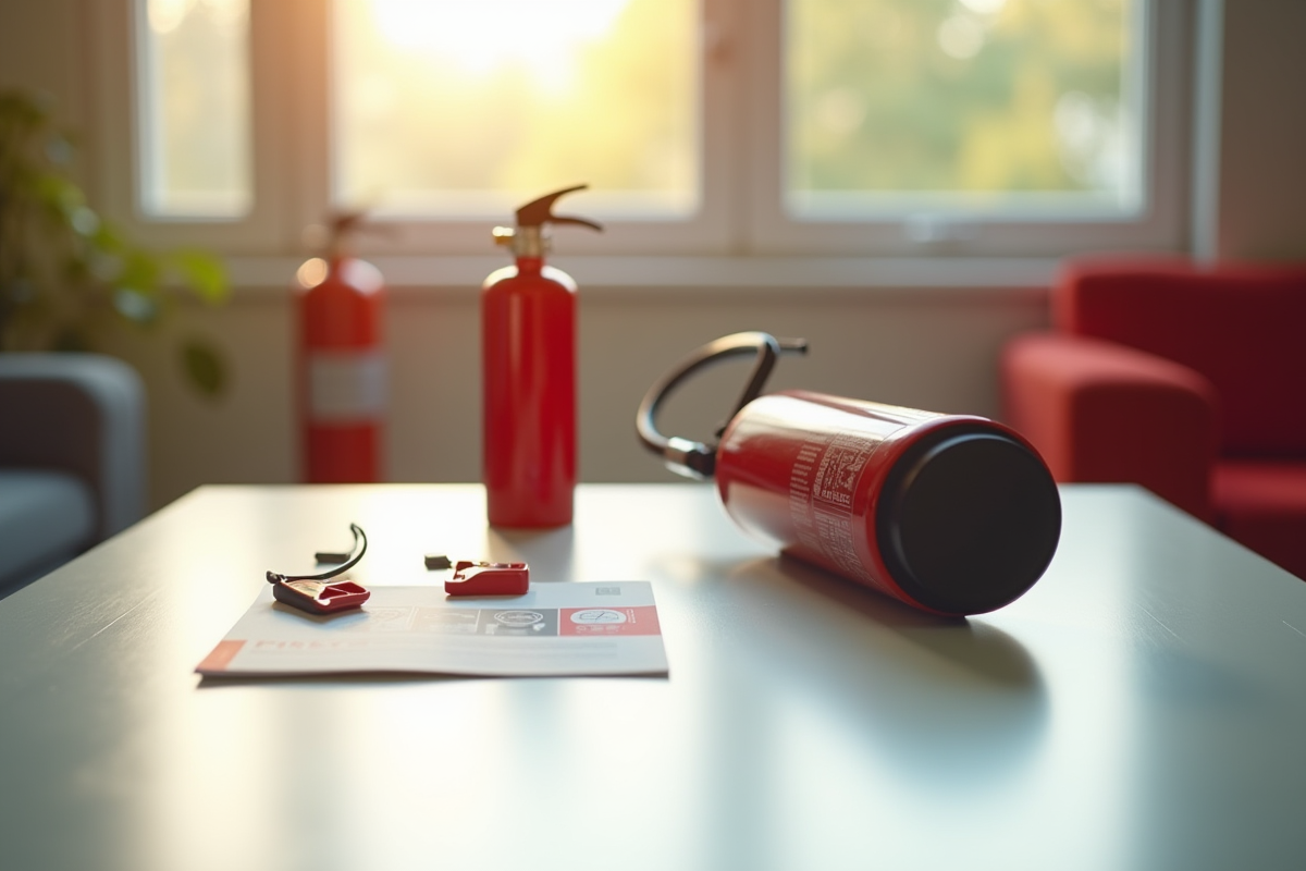 Extincteur portable avec accessoires sur table lumineuse