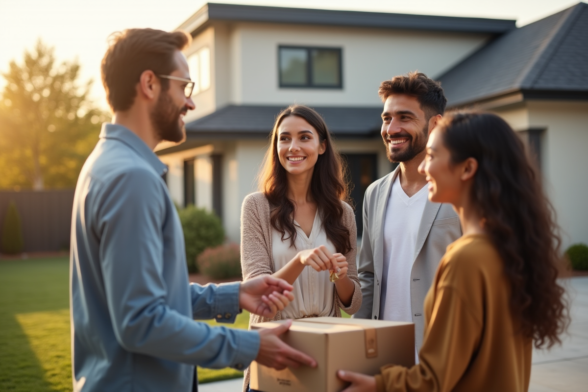 Famille heureuse recevant les clés devant leur maison moderne
