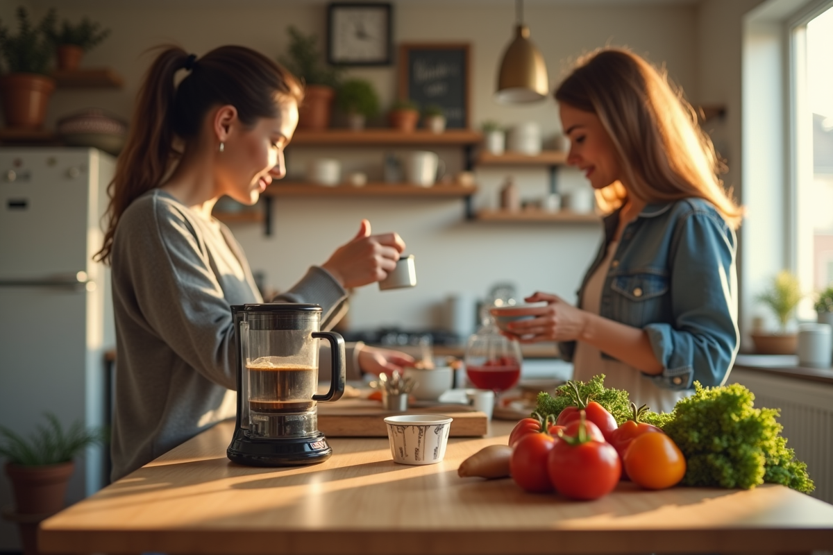 Scène familiale dans la cuisine avec appareils en action et fruits frais
