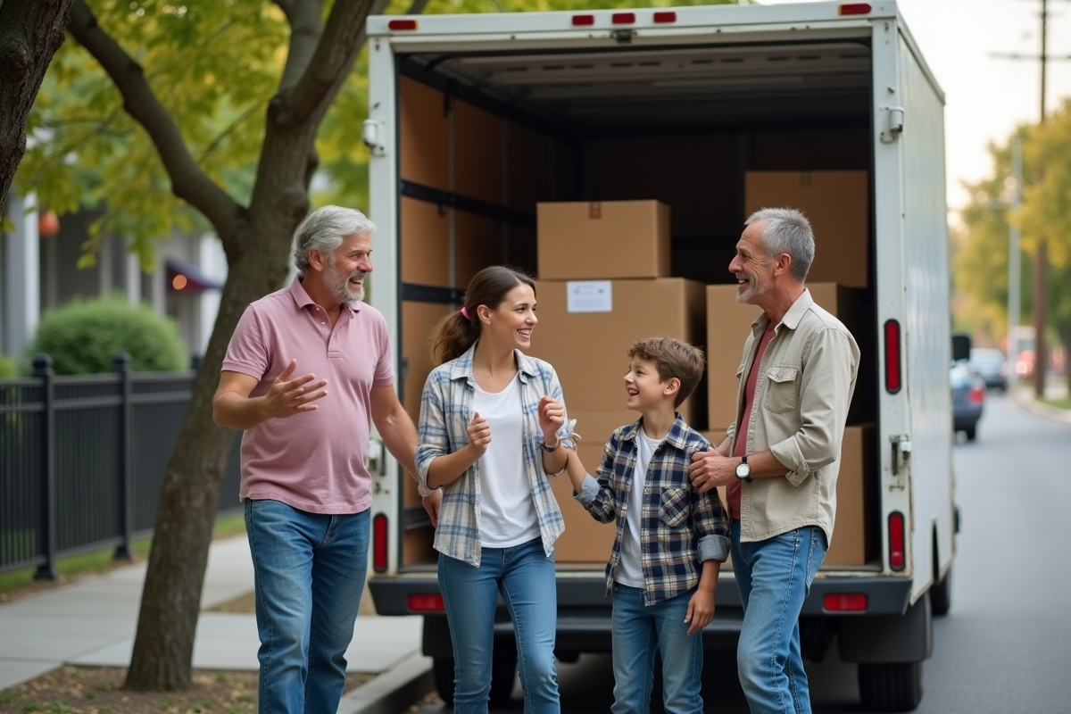 Famille multigeneration devant un van de déménagement en ville
