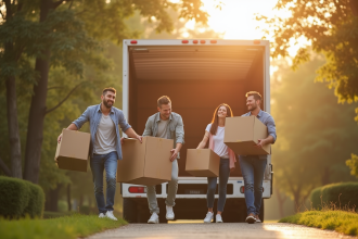Famille heureuse sortant des cartons de leur maison au matin
