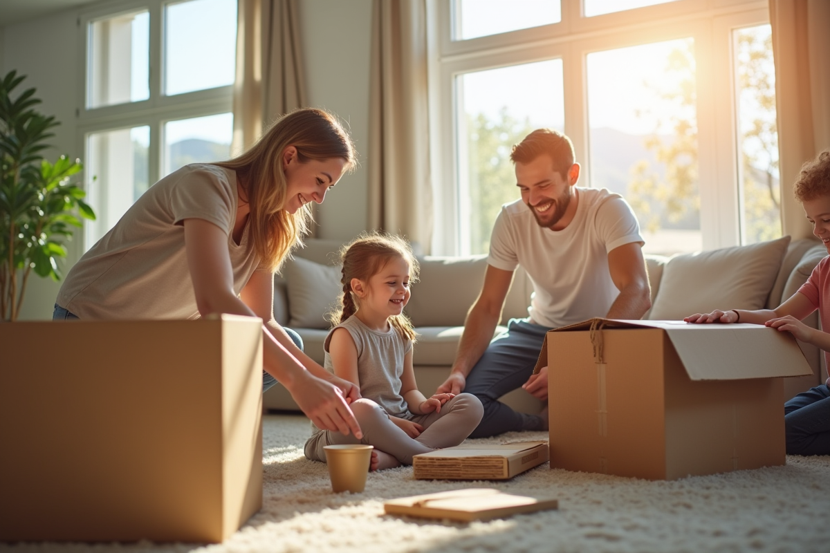 Famille heureuse dans un salon organisé avec cartons de déménagement