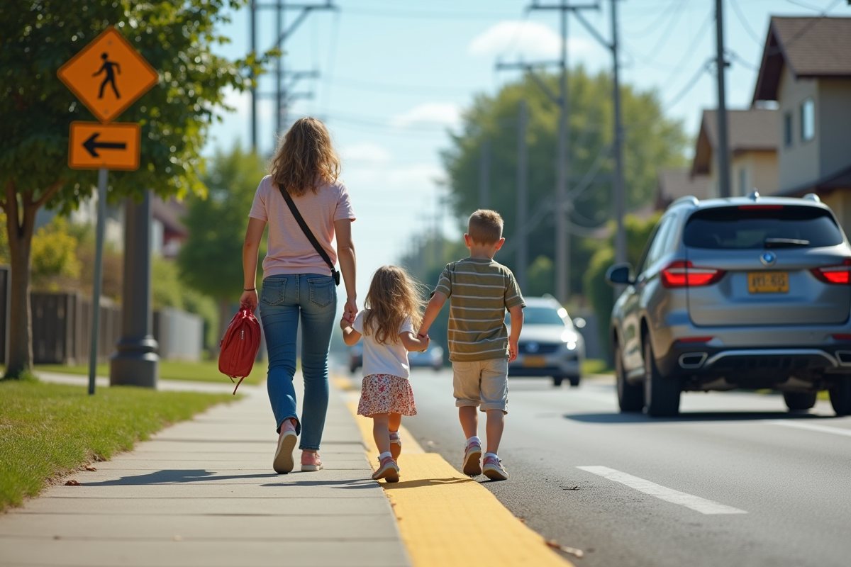 Famille marchant sur trottoir en zone urbaine en toute sécurité