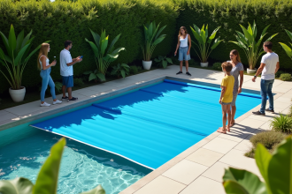 Famille moderne dans le jardin avec couverture de piscine bleue