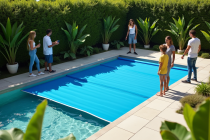 Famille moderne dans le jardin avec couverture de piscine bleue