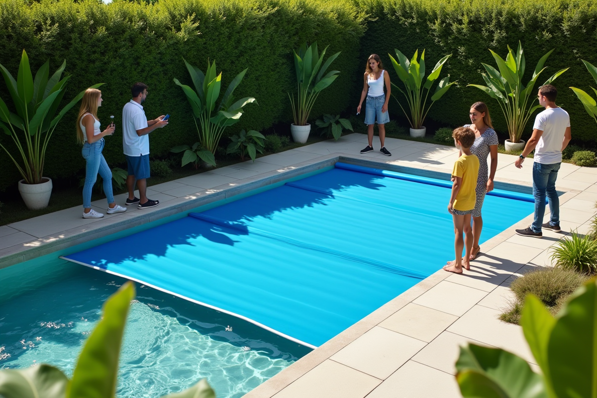 Famille moderne dans le jardin avec couverture de piscine bleue