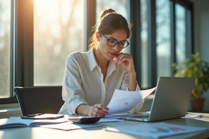 Femme d'affaires analysant des finances dans un bureau lumineux