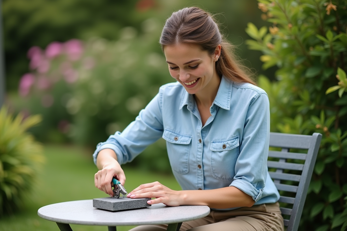 Femme de dos affûtant un sécateur dans le jardin