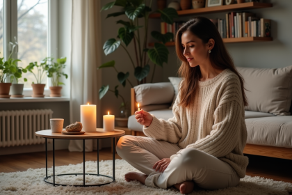 Femme assise sur un tapis allumant une bougie chaleureuse