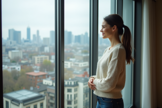 Femme regardant la ville depuis une grande fenêtre d'appartement