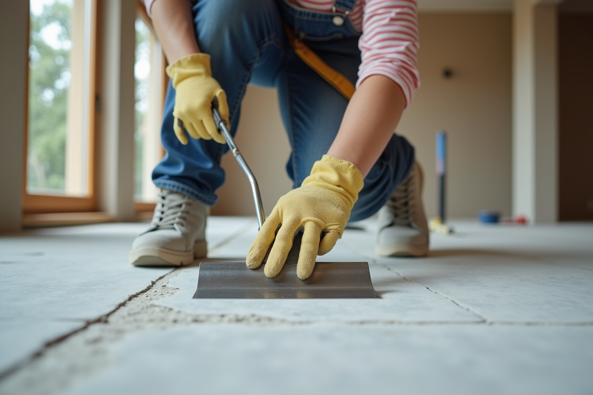 Femme en overalls appliquant de la colle sur un sol