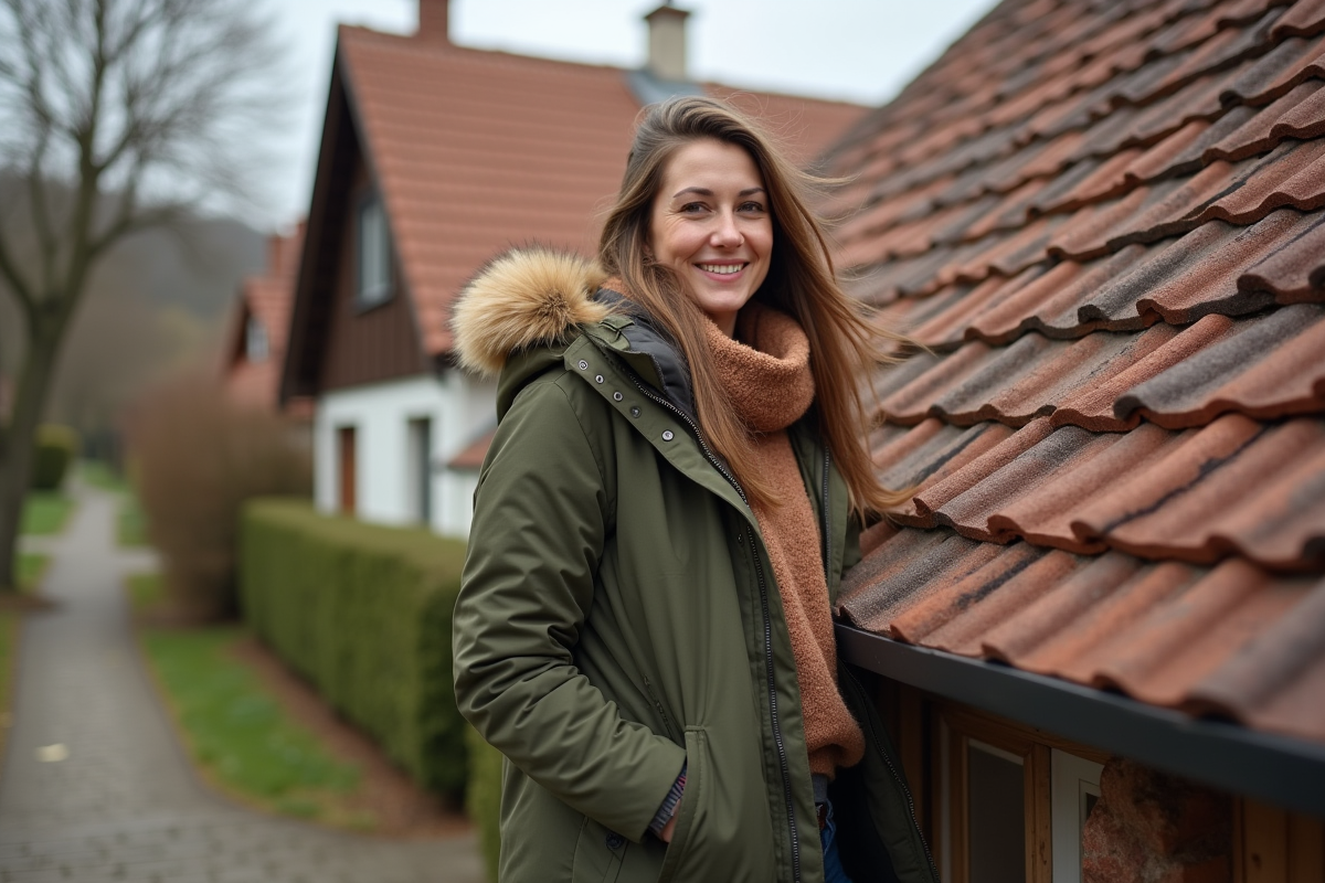 Femme souriante près du toit en pente d