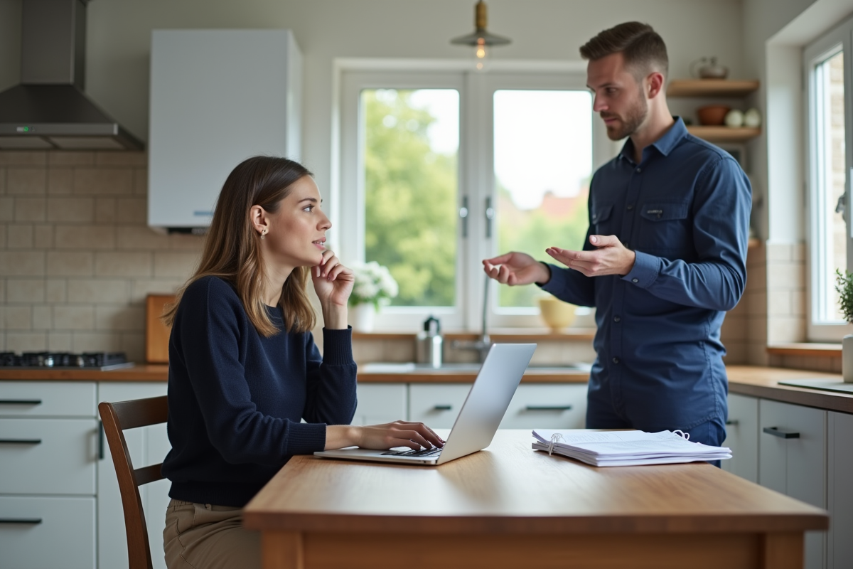 Femme discutant avec un technicien devant une chaudiere moderne
