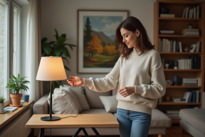Femme brune ajustant une lampe dans un salon chaleureux