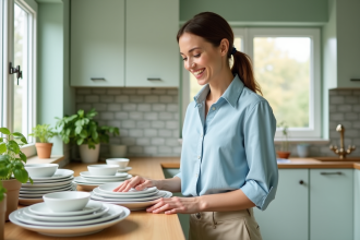 Femme arrangeant des assiettes en cuisine lumineuse