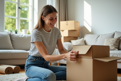 Jeune femme souriante en emmenagement dans un salon lumineux