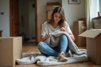Femme fatigu&eacute;e en d&eacute;m&eacute;nagement dans le salon