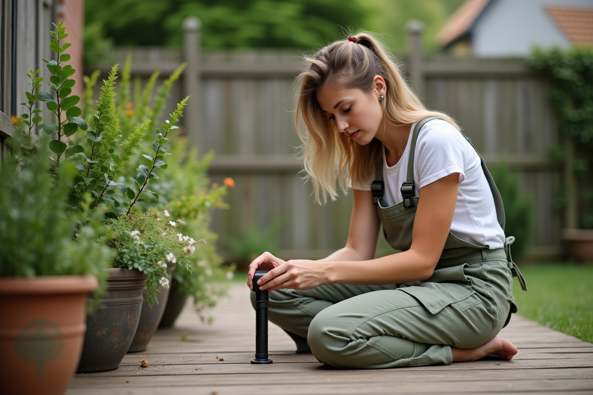Jeune femme posant une trappe à insectes dans son jardin avec des plantes