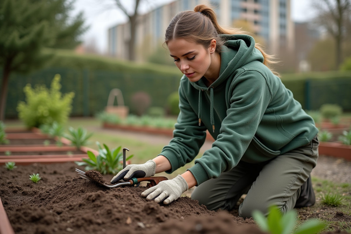 Jeune femme en jardinage avec fourche dans un jardin urbain