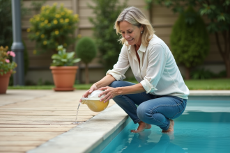 Femme en jeans et chemise en train de verser un clarifiant dans la piscine