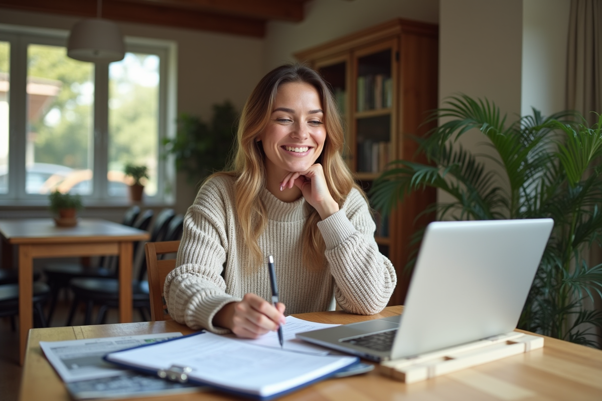 Femme souriante à la maison avec documents et ordinateur