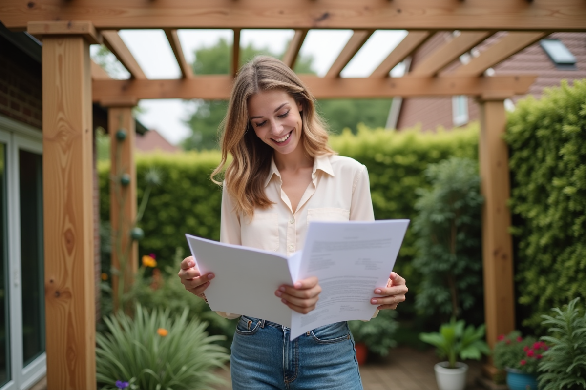 Jeune femme souriante près de sa pergola en bois dans le jardin