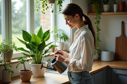 Femme arrosant un lys dans une cuisine lumineuse