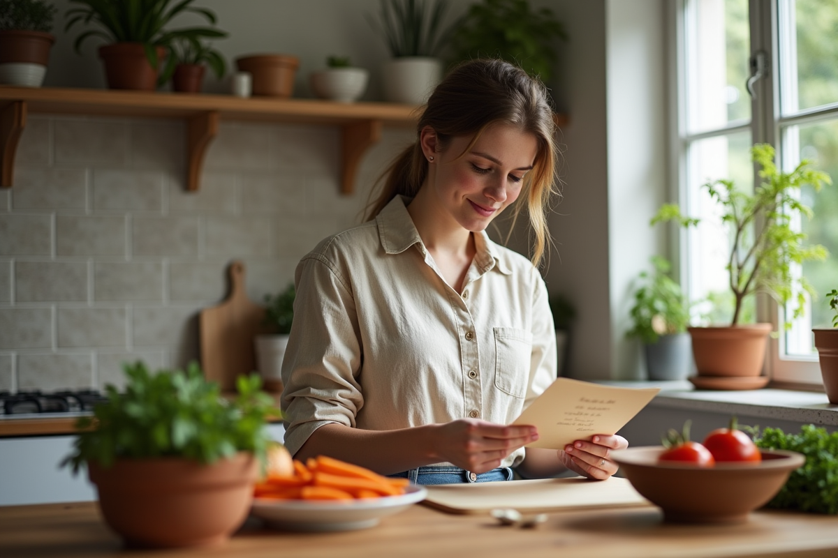 Jeune femme lisant une recette familiale dans une cuisine chaleureuse