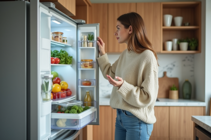 Jeune femme dans la cuisine regardant dans le frigo