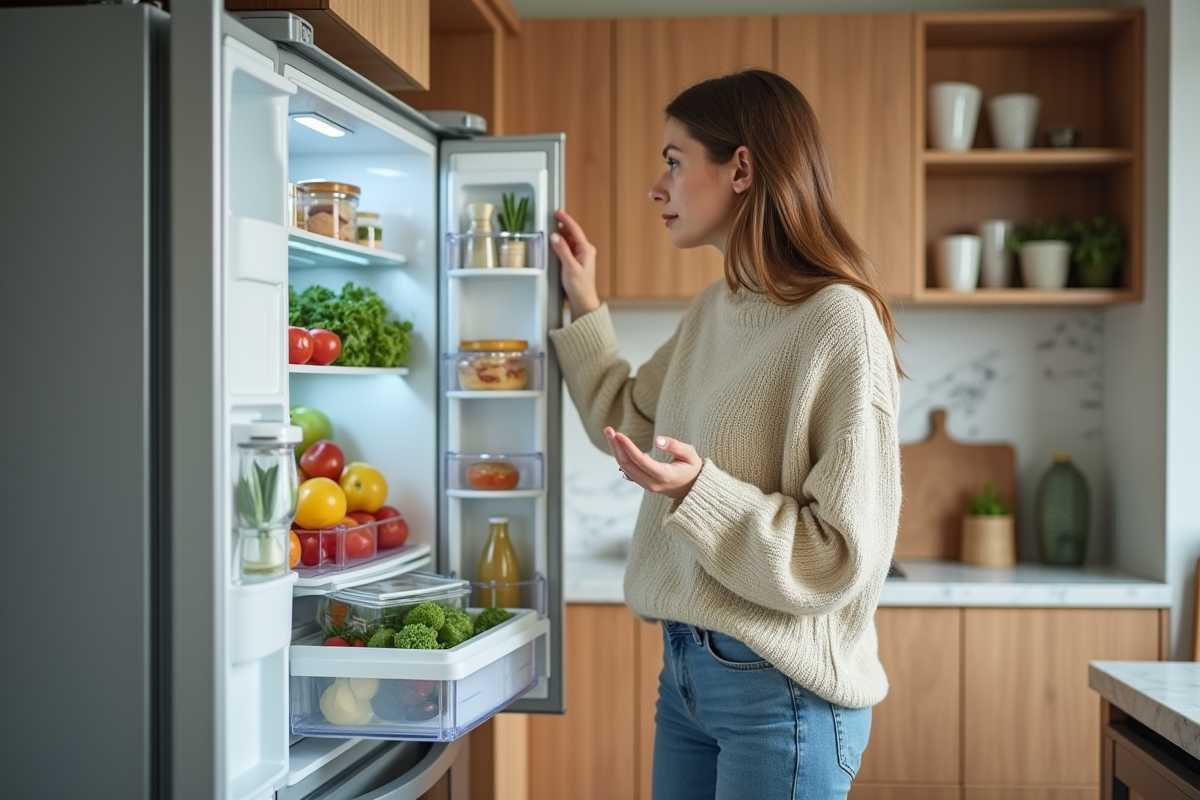 Jeune femme dans la cuisine regardant dans le frigo
