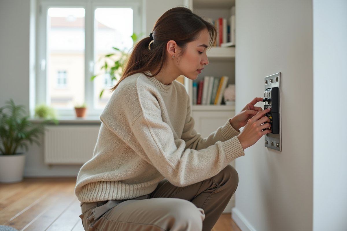 Jeune femme changeant un fusible dans un panneau électrique intérieur