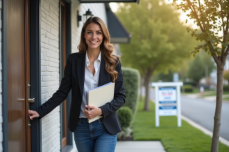 Jeune femme souriante devant une maison renovée