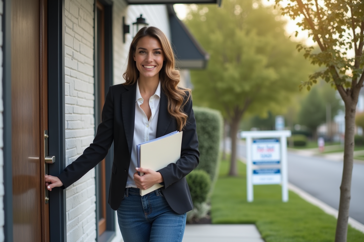 Jeune femme souriante devant une maison renovée