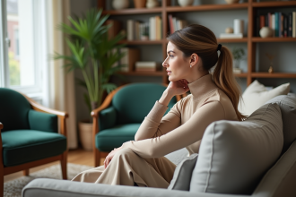 Femme élégante assise dans un salon moderne et cosy