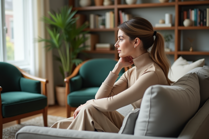 Femme élégante assise dans un salon moderne et cosy