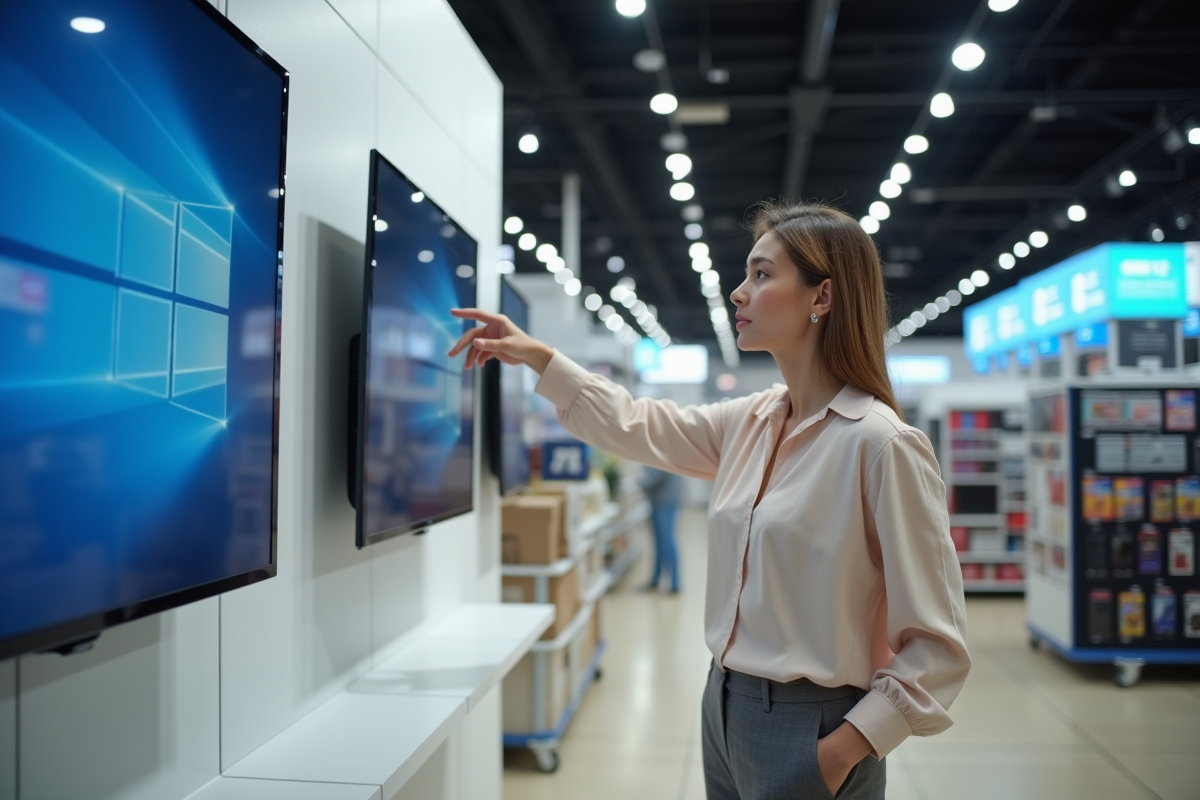 Femme examine télévisions dans un magasin d