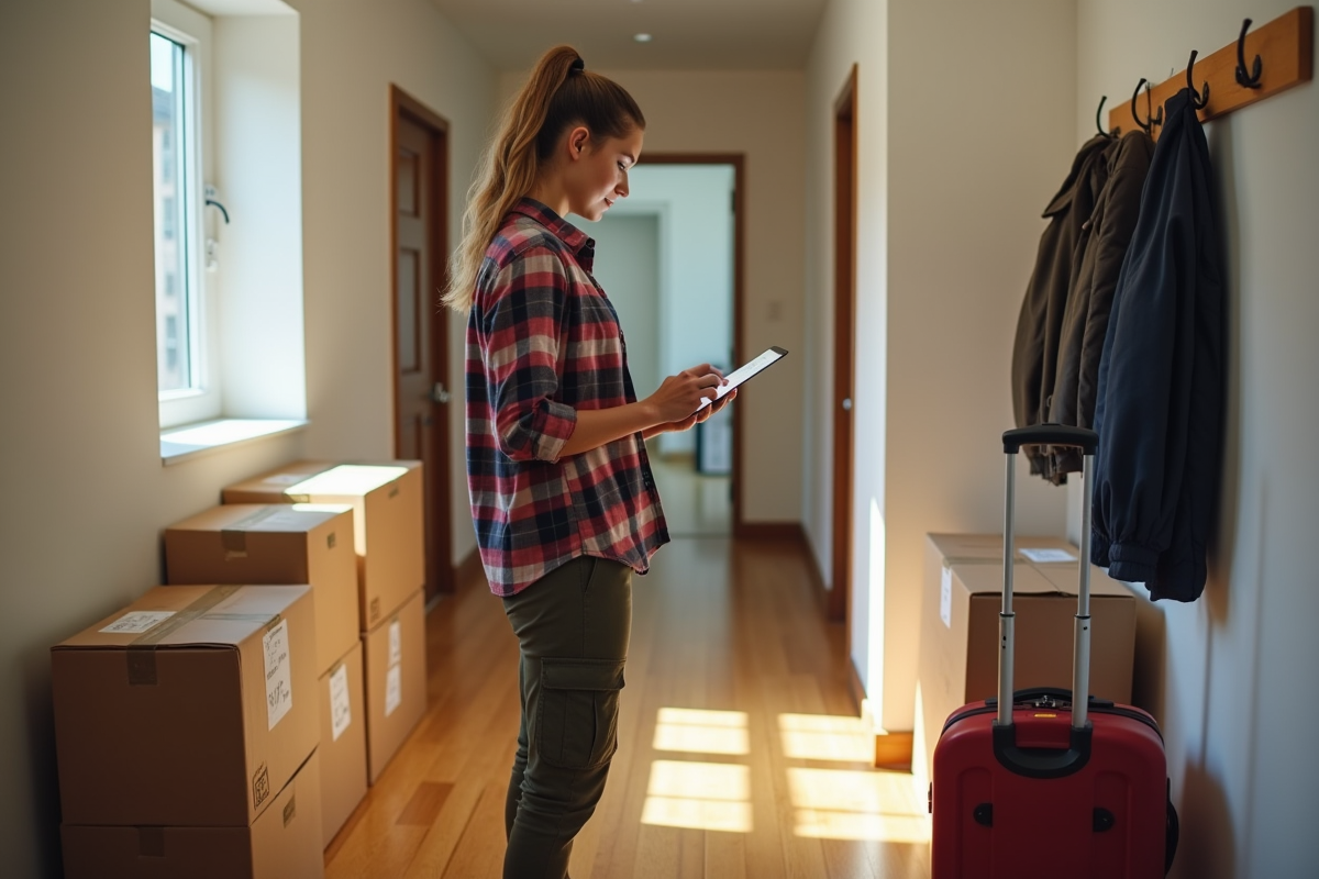 Femme utilisant une tablette pour lister des objets dans un couloir
