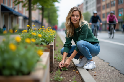 Jeune femme plantant des fleurs sauvages en ville