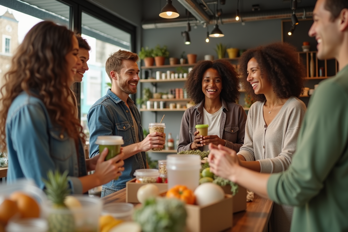 Groupe de personnes souriantes achetant en magasin zéro déchet