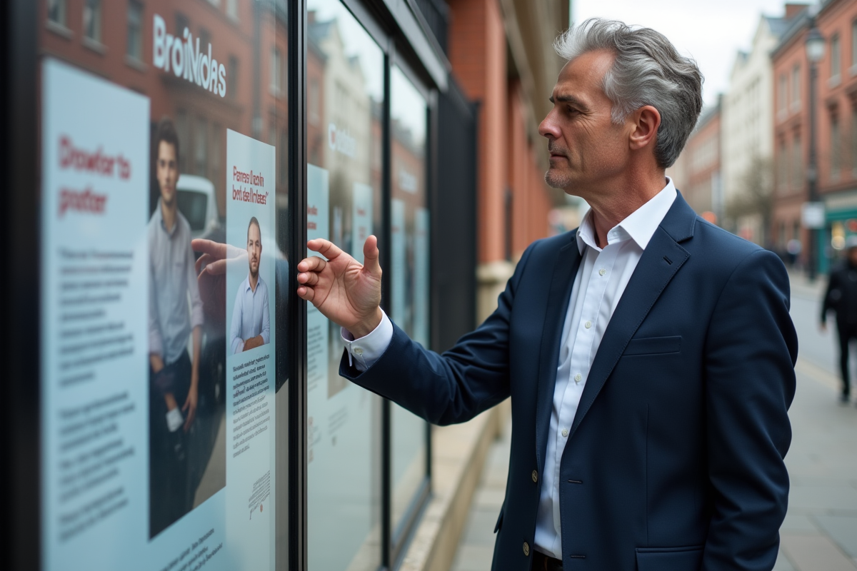 Homme en costume analysant affiches publicitaires en ville