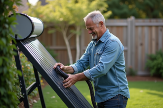 Homme connectant un panneau solaire dans son jardin