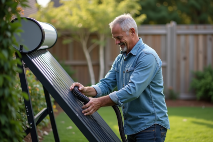Homme connectant un panneau solaire dans son jardin
