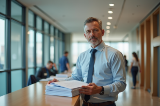 Homme d'âge moyen soumettant des documents à la mairie