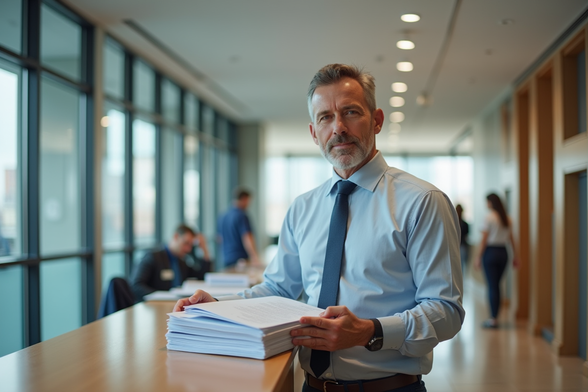 Homme d'âge moyen soumettant des documents à la mairie