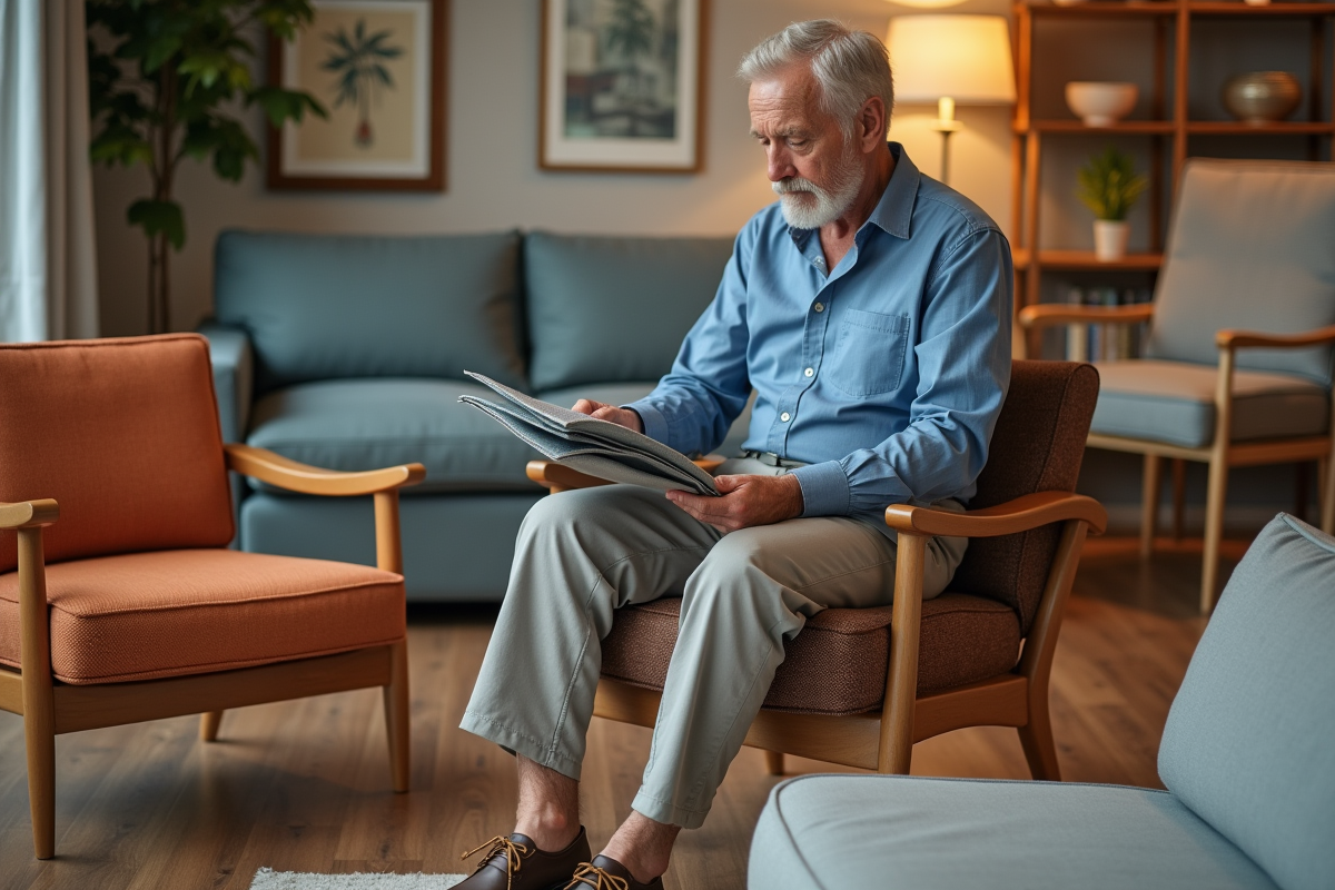 Homme examinant des échantillons de tissu dans un showroom