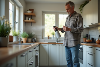 Homme d'âge moyen vaporisant un insecticide écologique dans sa cuisine moderne